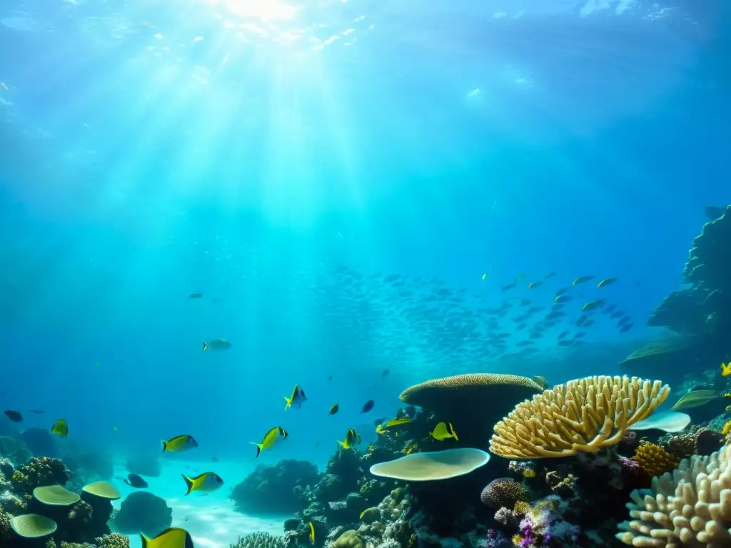 Un vibrante arrecife de coral bajo el agua, habitado por peces y vida marina colorida