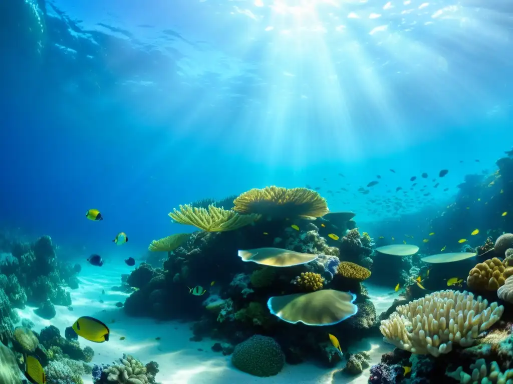 Un vibrante arrecife de coral bajo el agua, lleno de vida marina y destacando la belleza y biodiversidad del mundo submarino