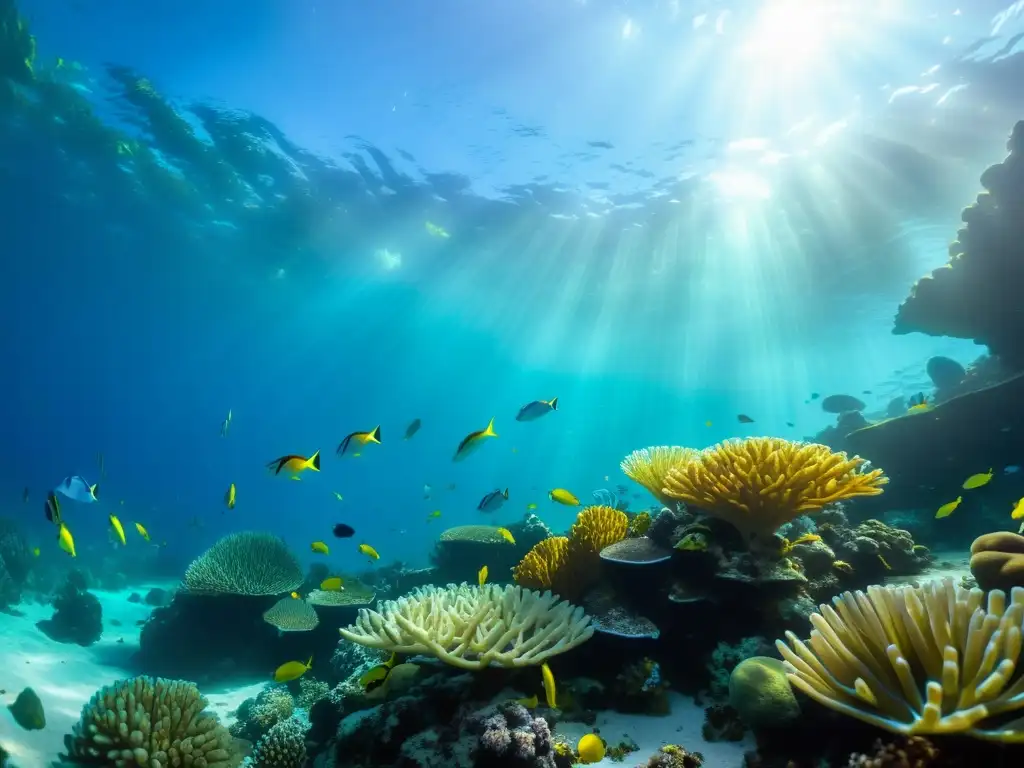 Un vibrante arrecife de coral bajo el agua, lleno de peces coloridos y plantas marinas ondeantes