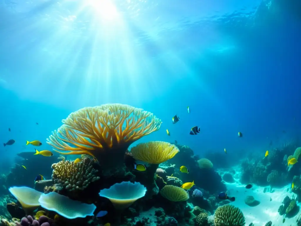 Vibrante arrecife de coral bajo el agua, repleto de vida marina y colores brillantes