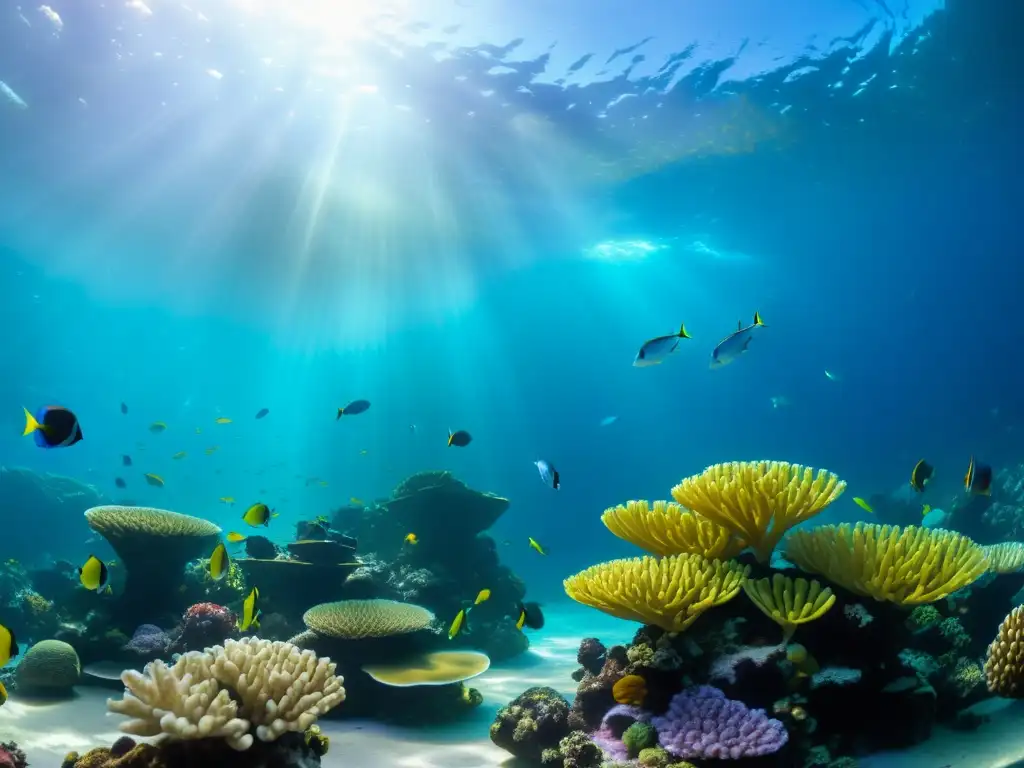 Un vibrante arrecife de coral bajo el agua, repleto de peces y plantas marinas