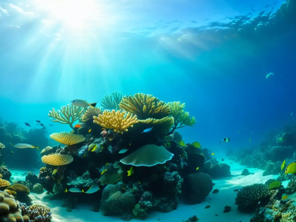 Un vibrante arrecife de coral bajo el agua, repleto de vida marina y la belleza natural de las profundidades oceánicas