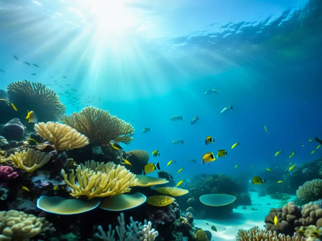 Arrecife de coral vibrante: belleza marina y energía sostenible Un vibrante arrecife de coral bajo el agua, lleno de vida marina y un suave resplandor de luz solar