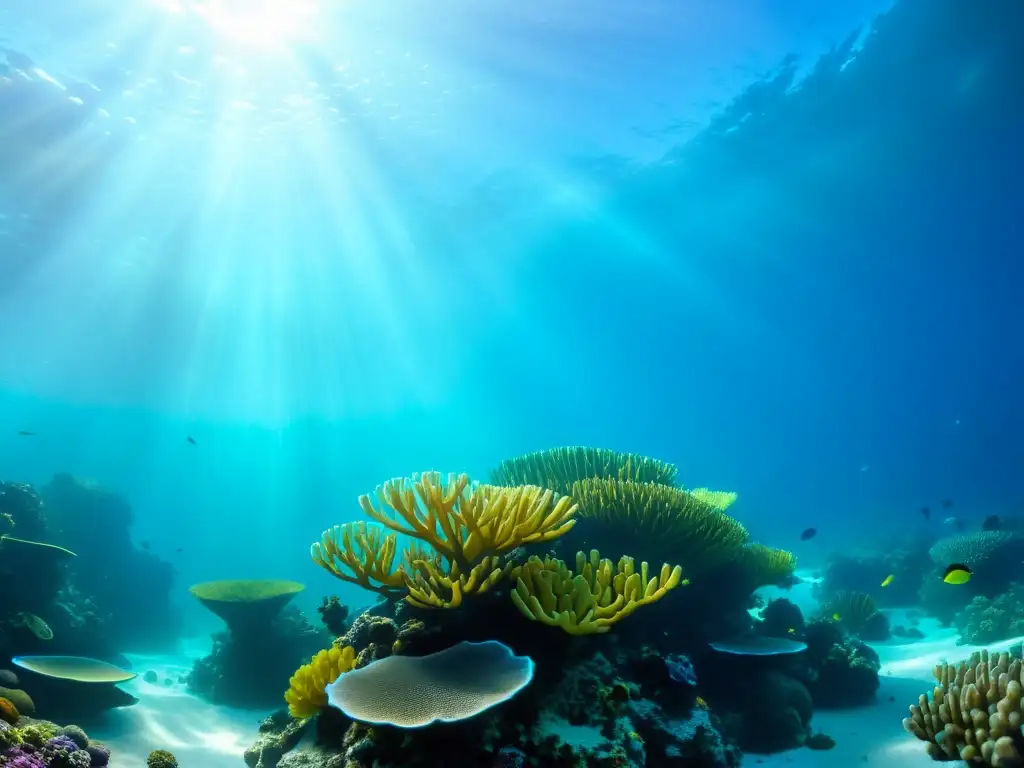 Un vibrante arrecife de coral bajo el agua, repleto de vida marina y coloridos peces