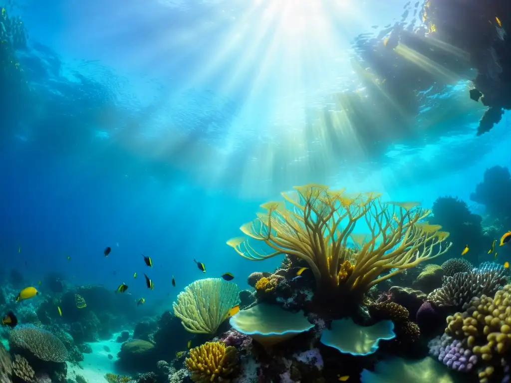 Arrecife de coral vibrante: vida submarina en acción Un vibrante arrecife de coral bajo el agua, lleno de vida marina y energía eólica marina sostenible