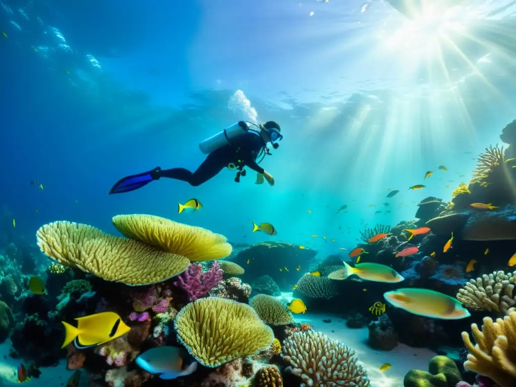 Un vibrante arrecife de coral bajo el agua, repleto de vida marina y oportunidades de inversión en energías marinas