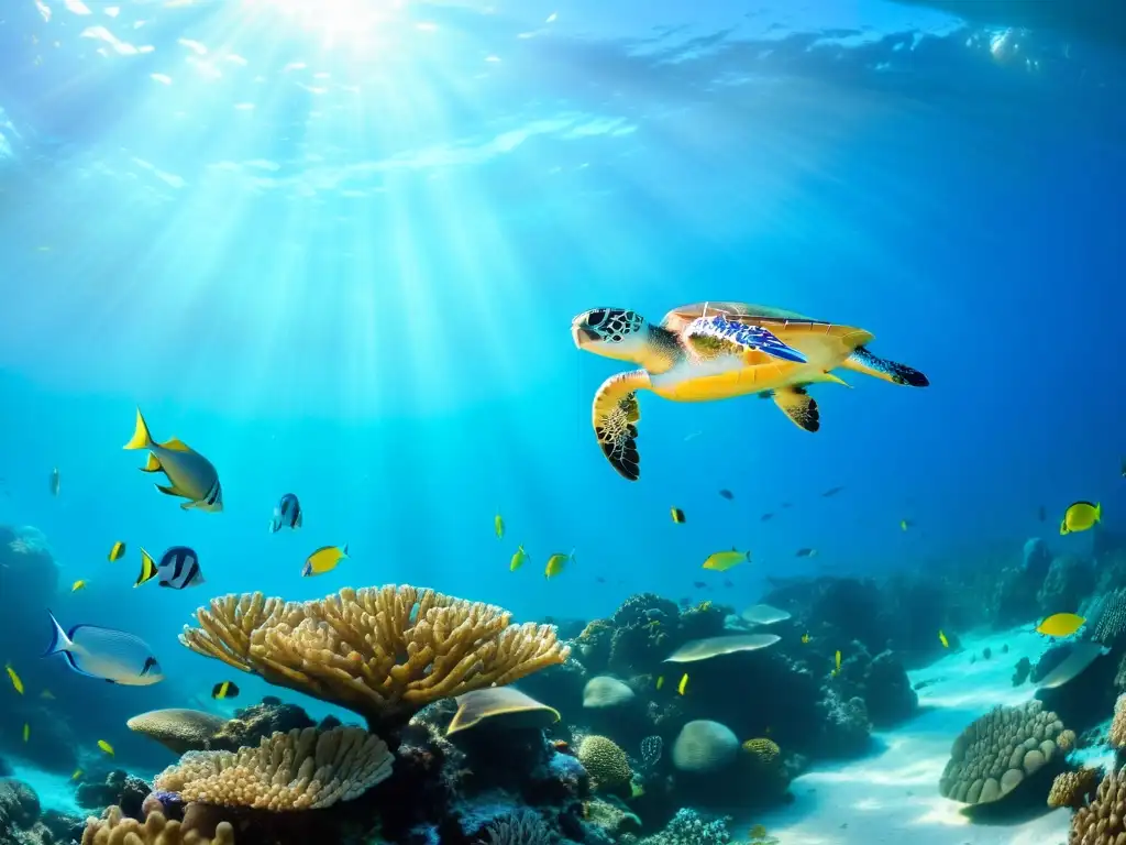 Un vibrante arrecife de coral bajo el agua, lleno de peces coloridos y vida marina, iluminado por los rayos del sol