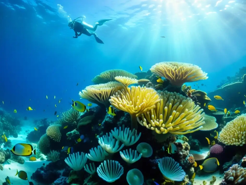 Un vibrante arrecife de coral bajo el agua, hogar de una diversidad de vida marina colorida