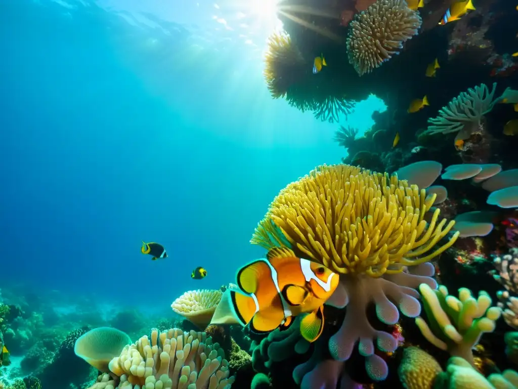 Vibrante arrecife de coral bajo el agua, lleno de vida marina, anémonas, peces payaso y corales