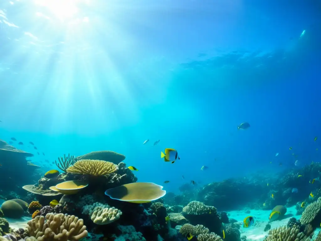 Un vibrante arrecife de coral bajo el agua, iluminado por la luz solar filtrada