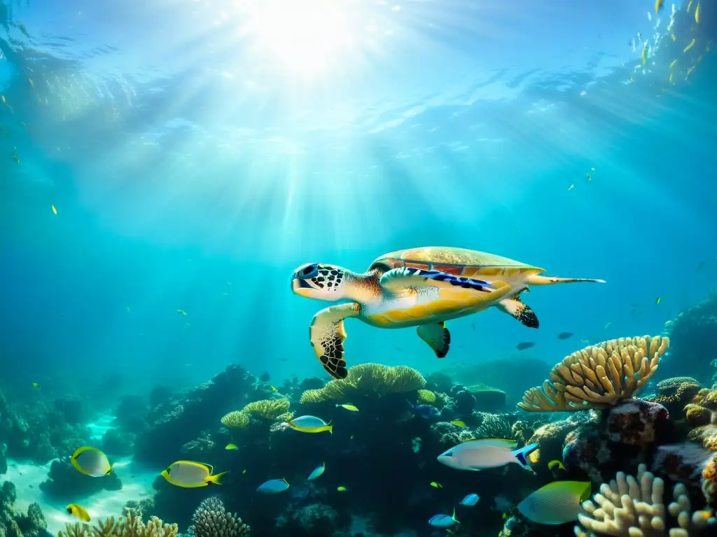 Un vibrante arrecife de coral bajo el agua, hogar de especies marinas