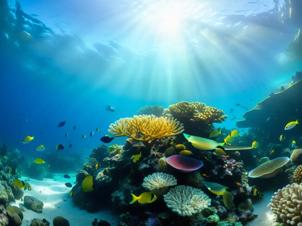 Un vibrante arrecife de coral bajo el agua, iluminado por la luz solar, con peces tropicales y vida marina