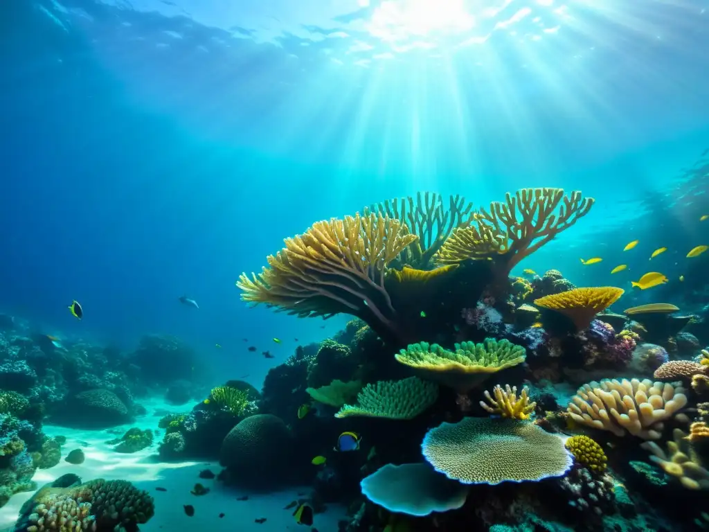 Un vibrante arrecife de coral bajo el agua, lleno de vida marina y colores brillantes