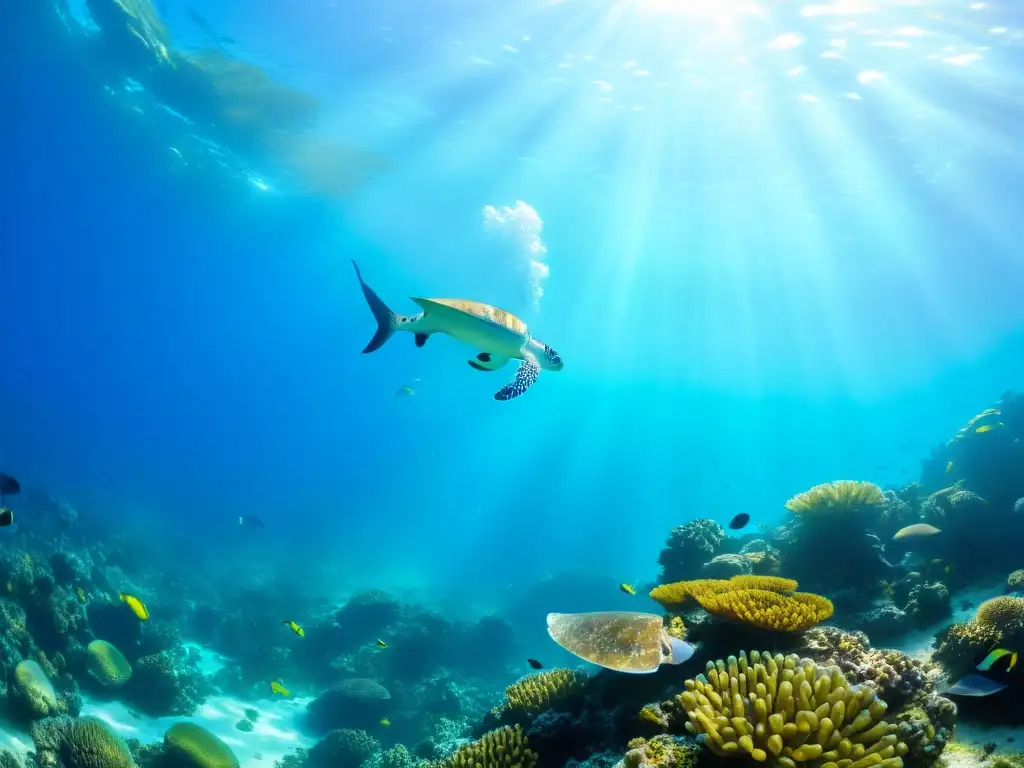 Un vibrante arrecife de coral bajo el agua, repleto de vida marina y una tortuga marina majestuosa