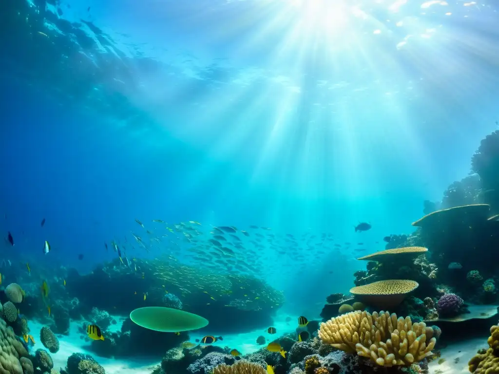 Un vibrante arrecife de coral bajo el agua, repleto de peces coloridos y vida marina