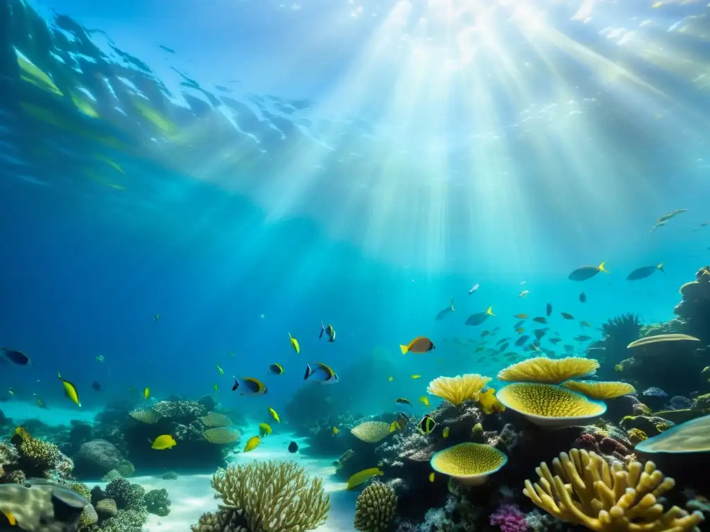 Un vibrante arrecife de coral bajo el agua, lleno de vida marina colorida y plantas marinas ondeantes, iluminado por la luz del sol