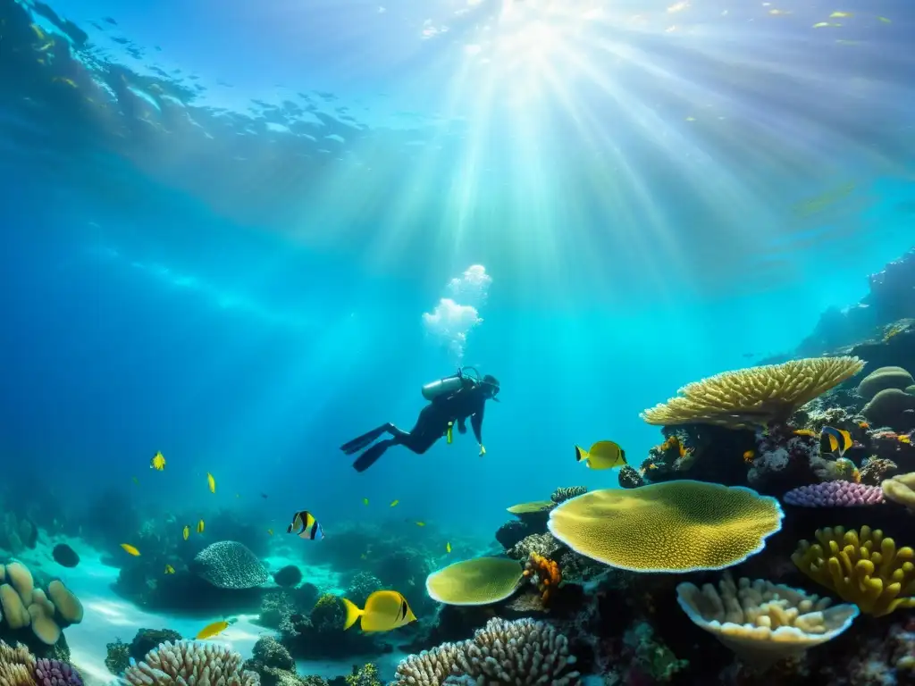 Un vibrante arrecife de coral bajo el agua, habitado por peces coloridos y plantas marinas, iluminado por la luz solar