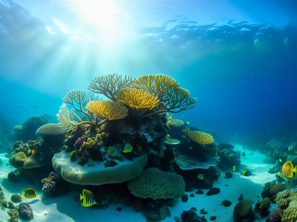 Un vibrante arrecife de coral bajo el agua, repleto de vida marina colorida, como peces, anémonas y abanicos de mar