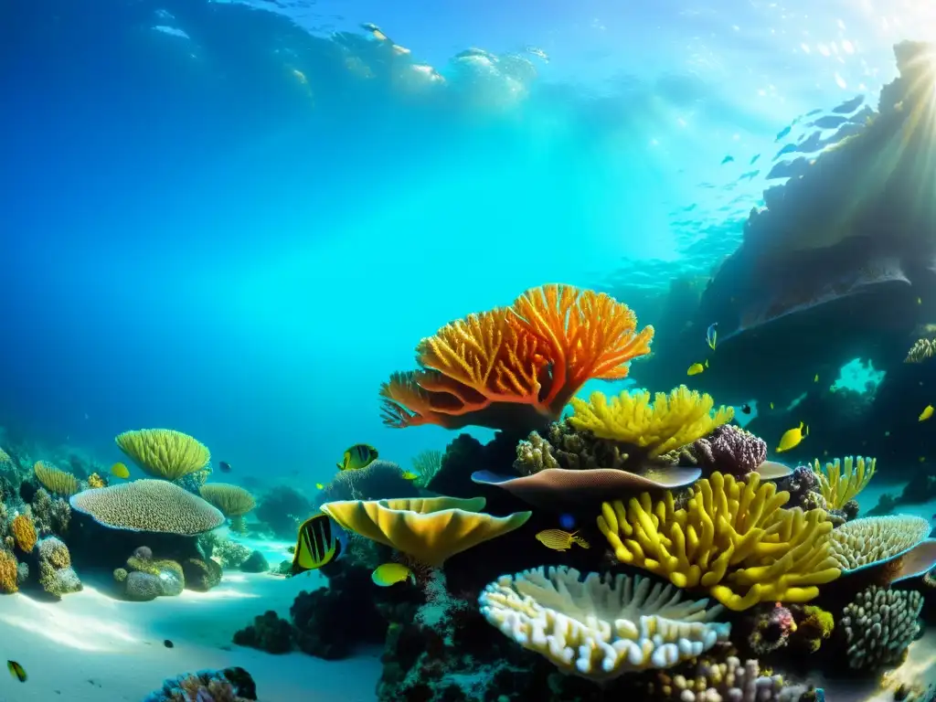 Un vibrante arrecife de coral bajo el agua, impacto cambio climático huracanes