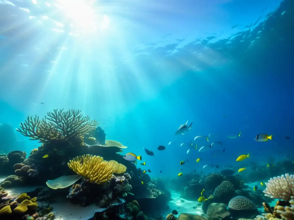 Un vibrante arrecife de coral bajo el agua, lleno de vida marina y peces coloridos