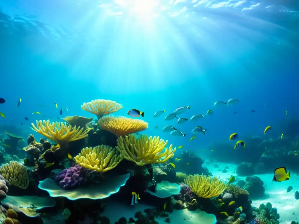 Un vibrante arrecife de coral bajo el agua, repleto de peces de colores y rodeado de plantas marinas