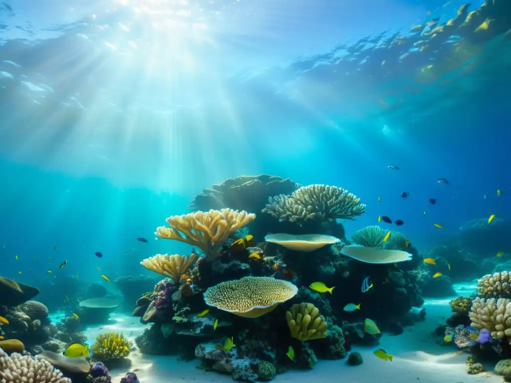 Un vibrante arrecife de coral bajo el agua, repleto de peces coloridos y vida marina