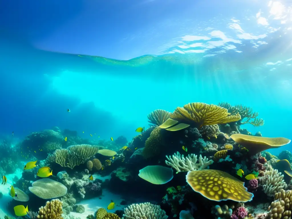 Un vibrante arrecife de coral bajo el agua, muestra la belleza del aceite marino para la piel en un mundo submarino lleno de vida y color