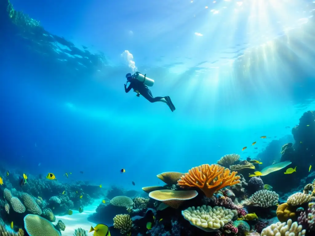 Un vibrante arrecife de coral bajo el agua, lleno de vida marina y beneficios para la piel del colágeno marino