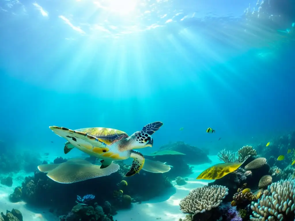 Un vibrante arrecife de coral bajo el agua, habitado por peces, tortugas marinas y flora marina colorida