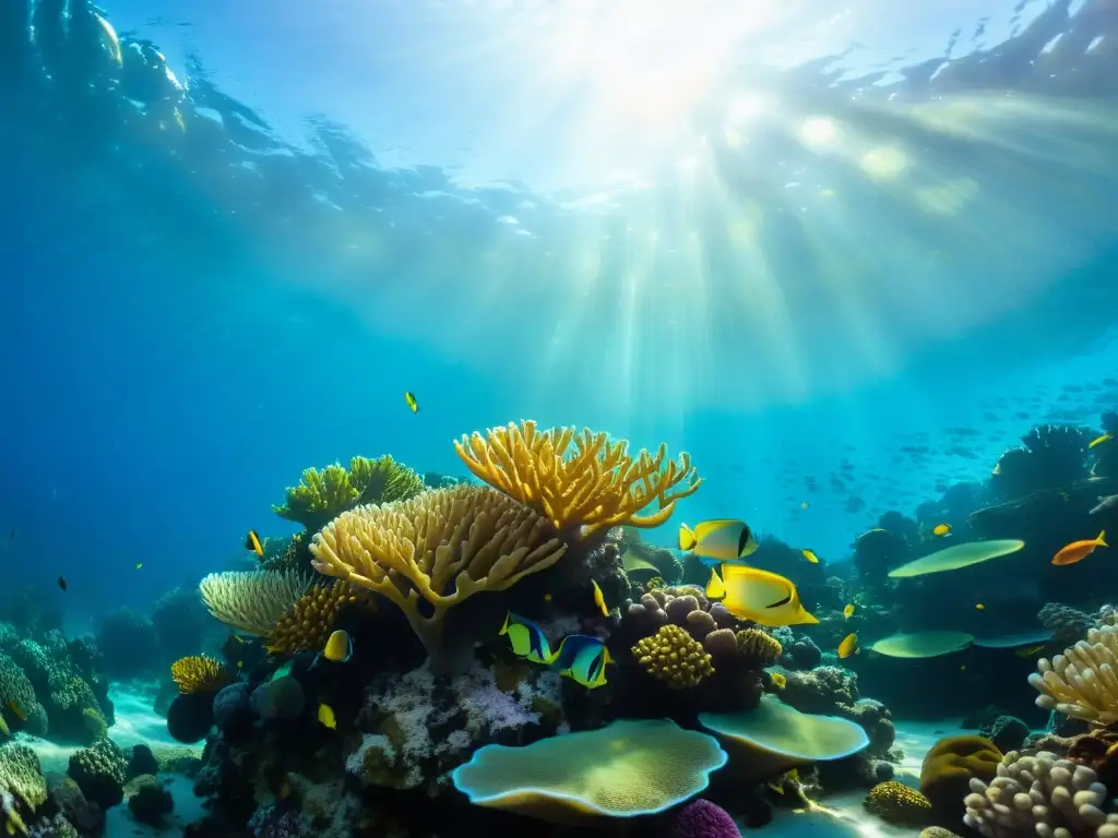 Un vibrante arrecife de coral bajo el agua, repleto de peces coloridos y plantas marinas, bañado en luz dorada