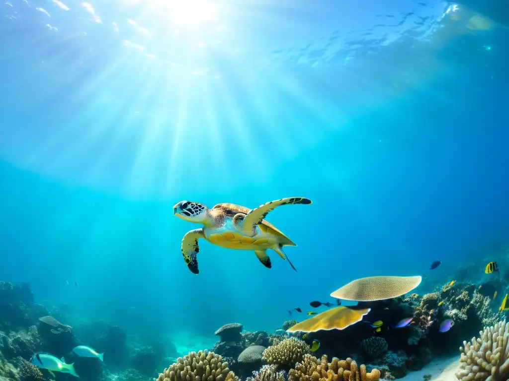 Un vibrante arrecife de coral bajo el agua, repleto de vida marina y coloridos peces