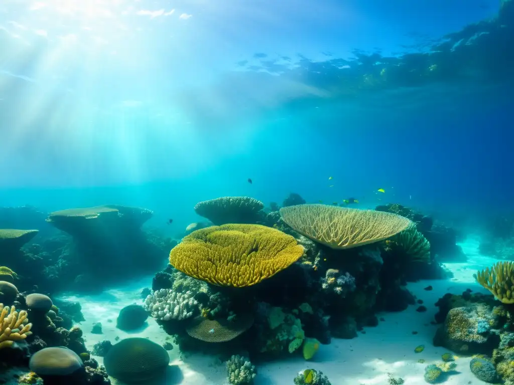 Un vibrante arrecife de coral en aguas turquesas del Parque Nacional Galápagos, con vida marina diversa, peces coloridos y formaciones de coral