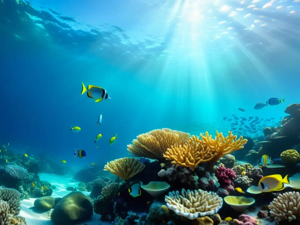 Arrecife de coral vibrante y vida marina en aguas cristalinas Vibrante arrecife de coral en aguas cristalinas, con peces coloridos y luz solar filtrada