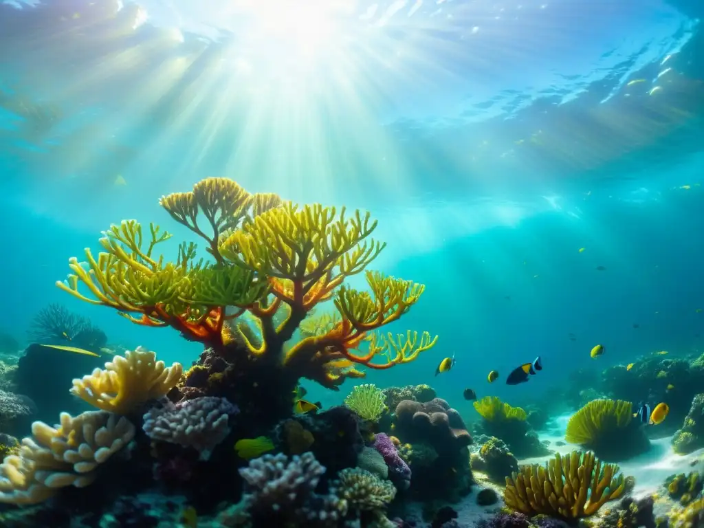 Vibrante arrecife de coral con algas ricas en fucoidano y peces coloridos bajo la luz del sol