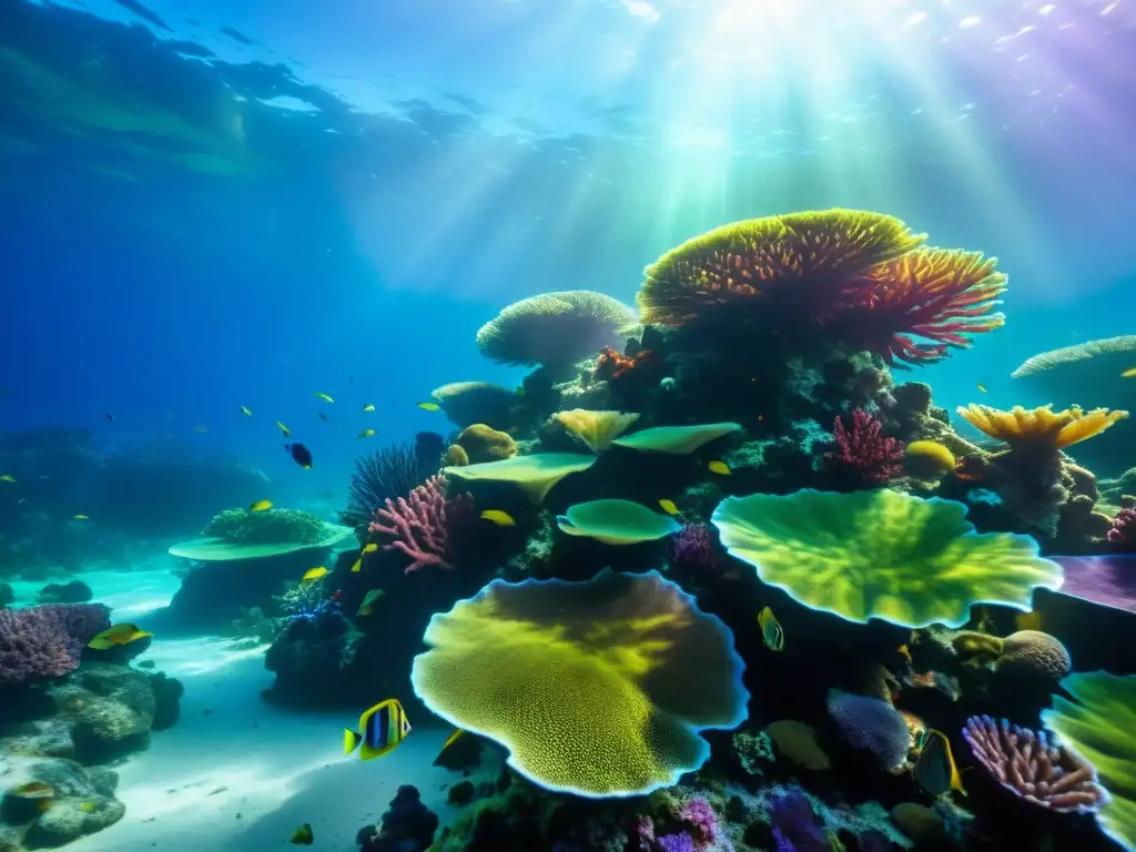 Vibrante arrecife de coral con algas de múltiples colores, iluminado por rayos de sol