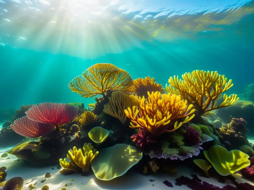 Vibrante arrecife de coral con algas comestibles en el océano, creando un impresionante paisaje de cocina sostenible