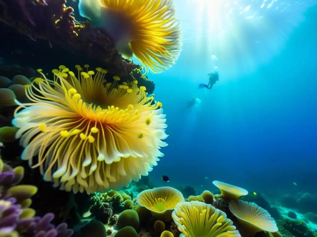 Un vibrante arrecife de coral con anémonas marinas en un hermoso paisaje submarino lleno de vida