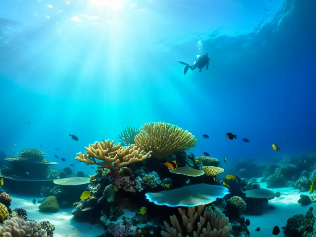 Un vibrante arrecife de coral en áreas protegidas biodiversidad marina, con peces tropicales, tortugas y rayas, bañado en luz solar