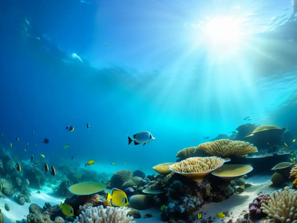 Un vibrante arrecife de coral en Áreas Protegidas Marinas Efectivas, hogar de peces coloridos, tortugas y anémonas en un paraíso submarino