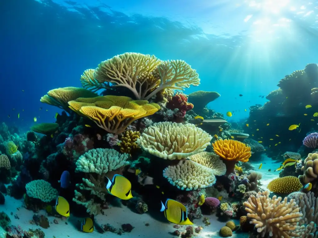 Un vibrante arrecife de coral en 8k muestra la belleza y diversidad de microorganismos marinos, resaltando la importancia de la conservación oceánica