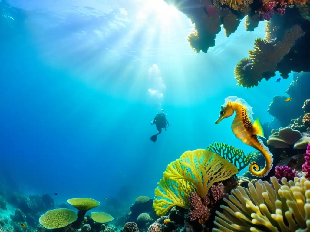 Vibrante arrecife de coral con caballitos de mar joyas marinas entre abanicos de mar y anémonas, bañado por la luz del sol en el agua cristalina