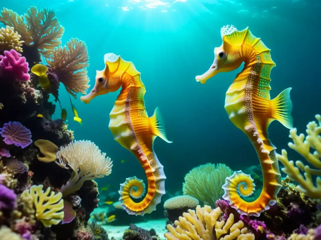 Un vibrante arrecife de coral con caballitos de mar nadando entre las plantas marinas