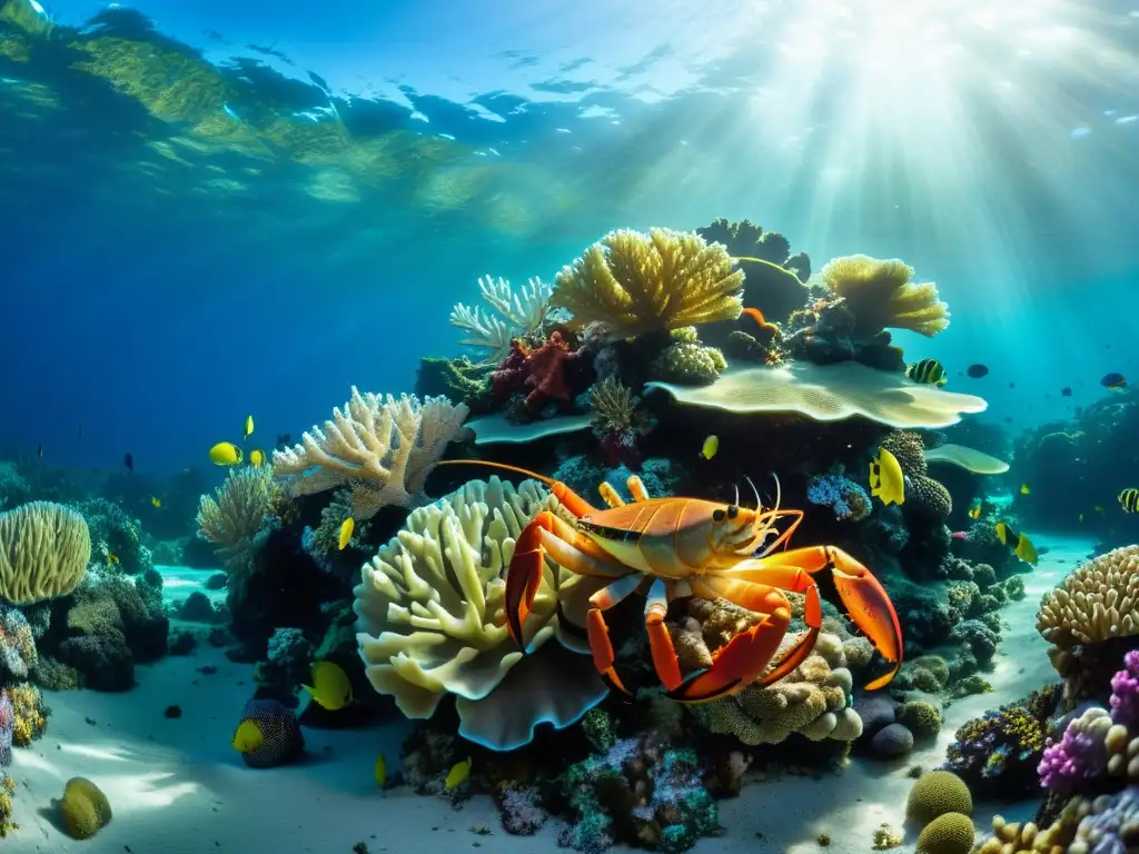 Un vibrante arrecife de coral con cangrejos y langostas marinas en su hábitat natural