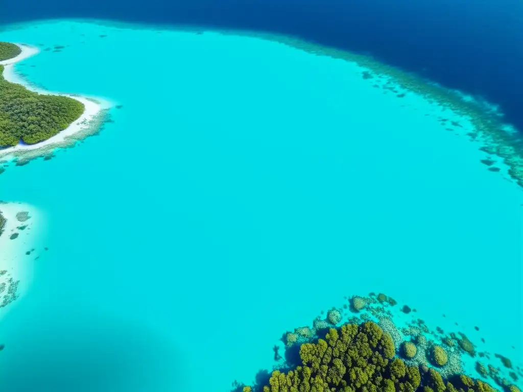 Vibrante arrecife de coral capturado por un drone, mostrando la belleza y complejidad de los arrecifes