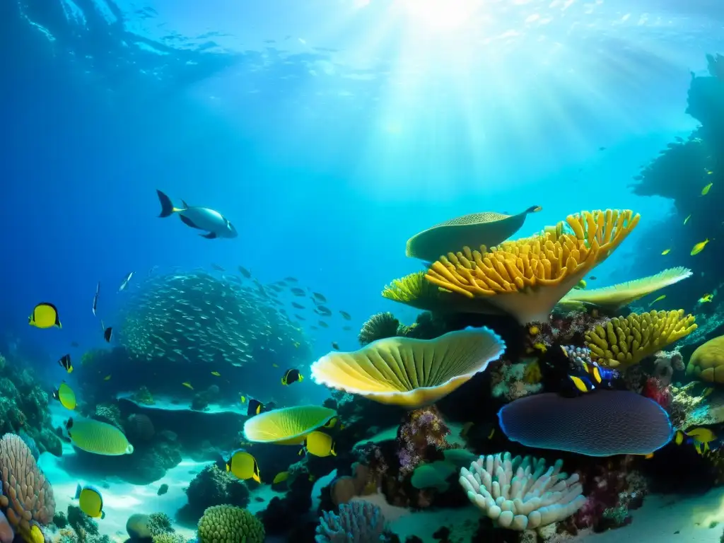 Vibrante arrecife de coral: peces de colores nadando entre formaciones de coral con aguas cristalinas