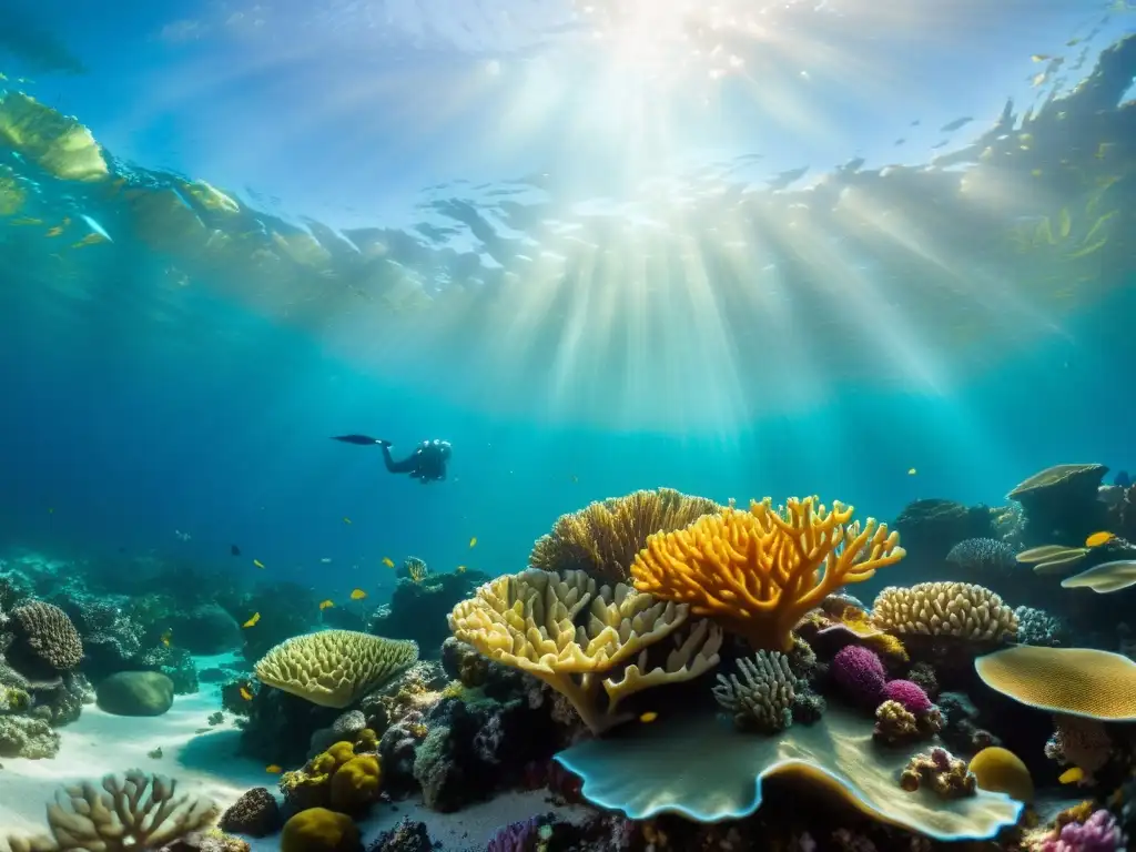 Un vibrante arrecife de coral con compuestos medicinales de corales marinos, bañado por la cálida luz del sol y vida marina diversa entre los corales