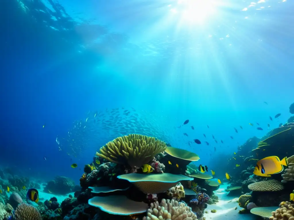 Vibrante arrecife de coral con reproducción de corales en ecosistemas marinos, peces coloridos y juegos de luz y sombra bajo el agua azul