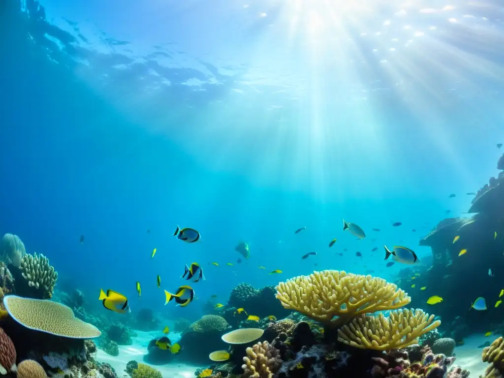 Un vibrante arrecife de coral en corrientes cálidas influencia clima, lleno de vida marina y coloridos peces tropicales