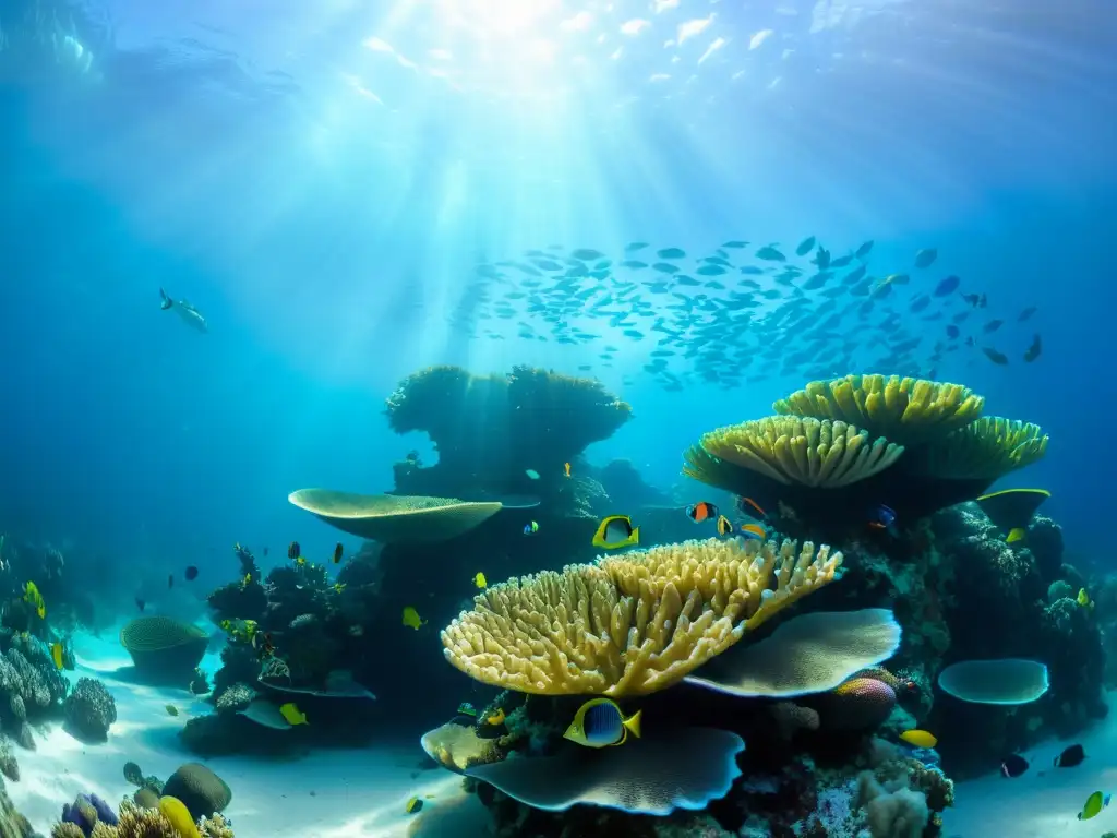 Un vibrante arrecife de coral con corrientes marítimas y competición alimenticia entre peces de colores, bajo la luz del sol