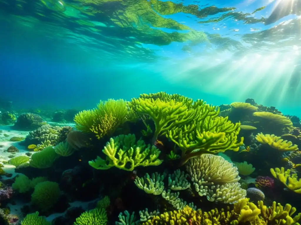 Un vibrante arrecife de coral decorado con algas marinas crea un hermoso paisaje submarino lleno de vida y color